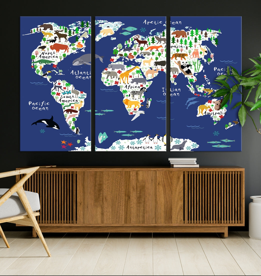 Navy Blue Animal World Map Canvas Prints For Kids Room Decoration, Kids World Map Canvas Print Nursery Room Canvas Wall