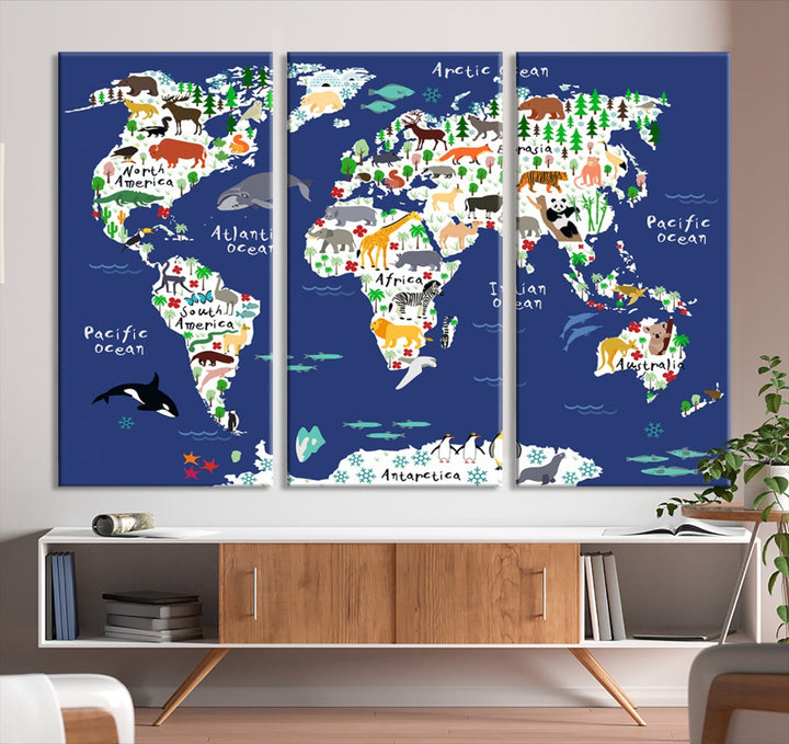 Navy Blue Animal World Map Canvas Prints For Kids Room Decoration, Kids World Map Canvas Print Nursery Room Canvas Wall