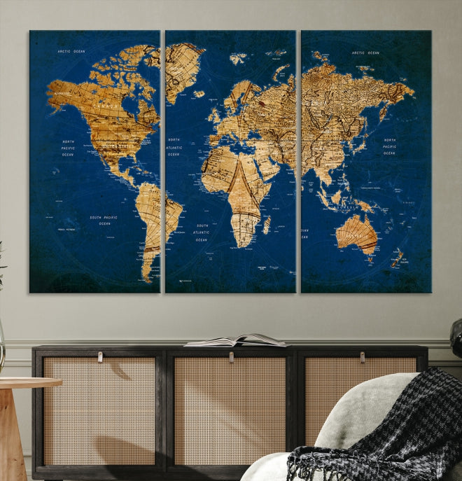 Navy Blue Antique World Map Canvas Wall Art Giclee Print