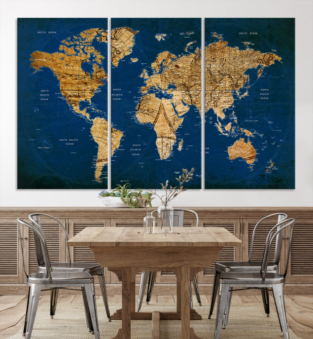 Navy Blue Antique World Map Canvas Wall Art Giclee Print