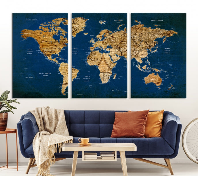 Navy Blue Antique World Map Canvas Wall Art Giclee Print