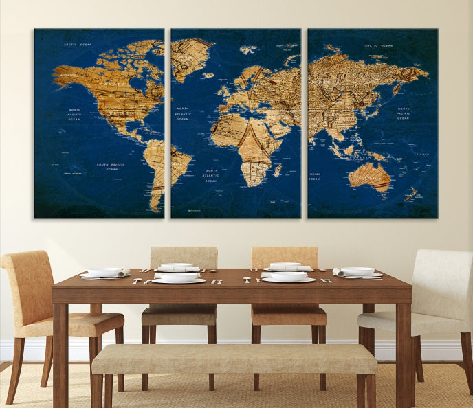 Navy Blue Antique World Map Canvas Wall Art Giclee Print