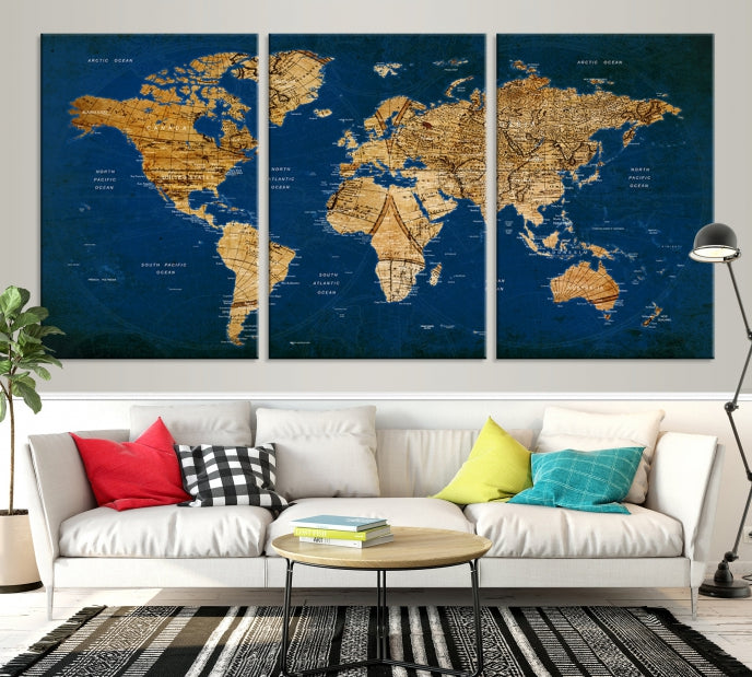 Navy Blue Antique World Map Canvas Wall Art Giclee Print