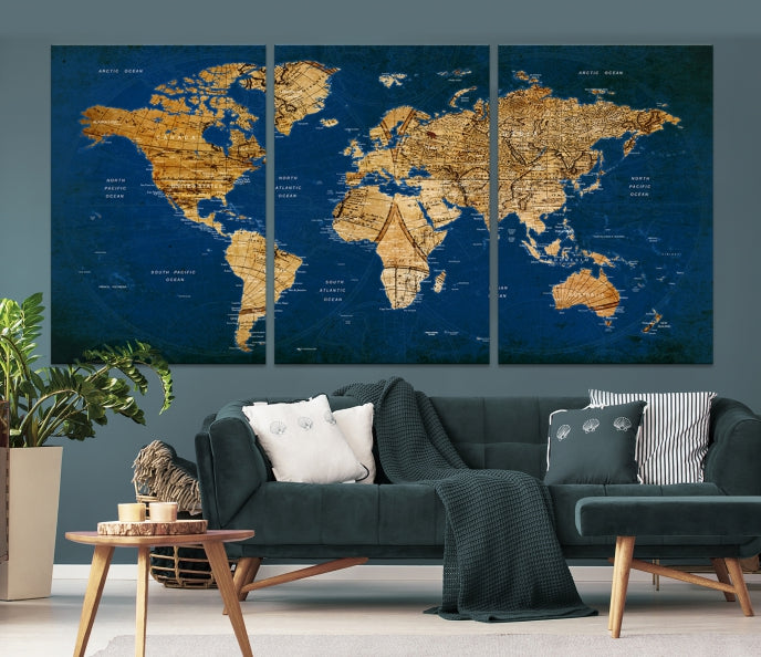 Navy Blue Antique World Map Canvas Wall Art Giclee Print