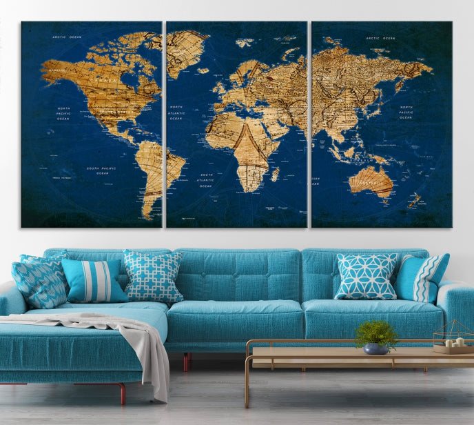 Navy Blue Antique World Map Canvas Wall Art Giclee Print