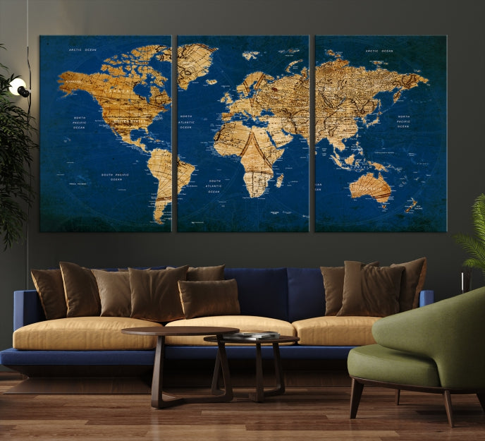 Navy Blue Antique World Map Canvas Wall Art Giclee Print