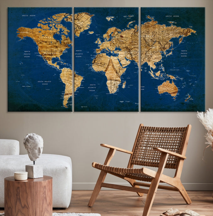 Navy Blue Antique World Map Canvas Wall Art Giclee Print