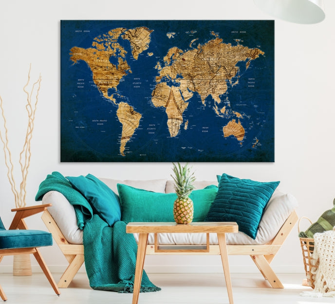 Navy Blue Antique World Map Canvas Wall Art Giclee Print