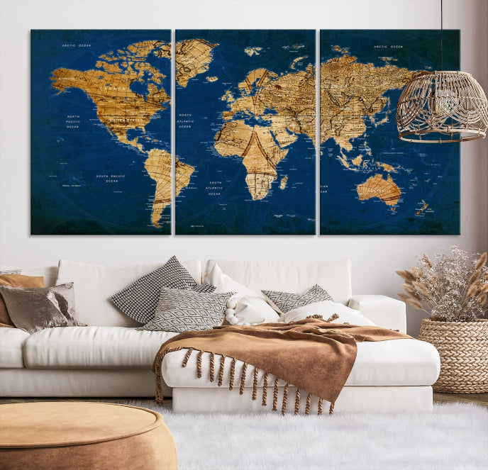 Navy Blue Antique World Map Canvas Wall Art Giclee Print