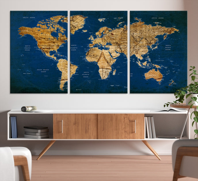 Navy Blue Antique World Map Canvas Wall Art Giclee Print