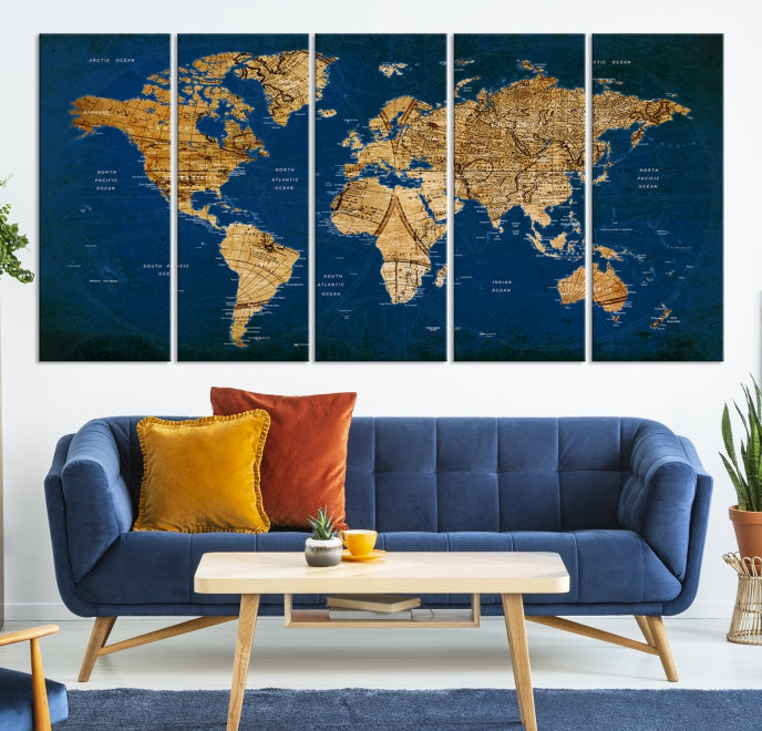 Navy Blue Antique World Map Canvas Wall Art Giclee Print