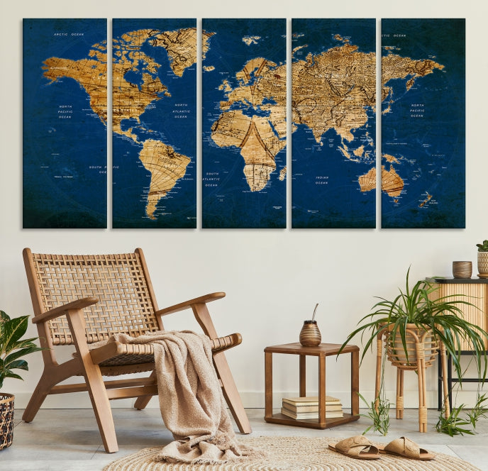 Navy Blue Antique World Map Canvas Wall Art Giclee Print