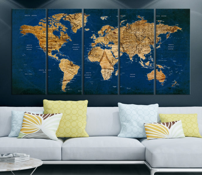 Navy Blue Antique World Map Canvas Wall Art Giclee Print