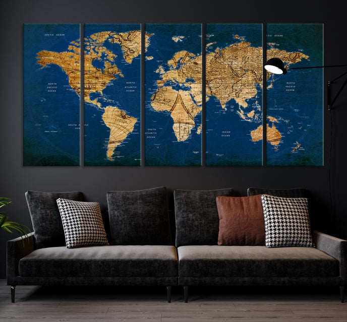 Navy Blue Antique World Map Canvas Wall Art Giclee Print