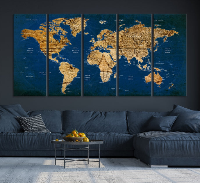 Navy Blue Antique World Map Canvas Wall Art Giclee Print