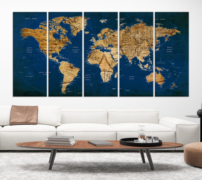 Navy Blue Antique World Map Canvas Wall Art Giclee Print