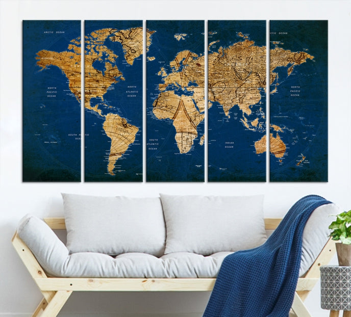 Navy Blue Antique World Map Canvas Wall Art Giclee Print