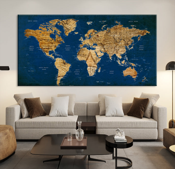 Navy Blue Antique World Map Canvas Wall Art Giclee Print