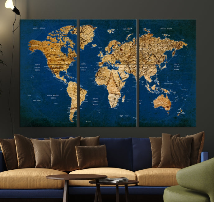 Navy Blue Antique World Map Canvas Wall Art Giclee Print