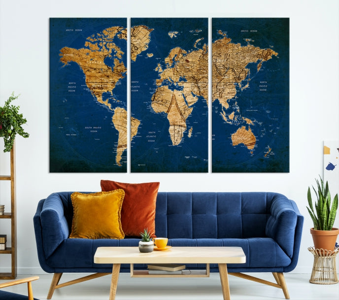 Navy Blue Antique World Map Canvas Wall Art Giclee Print