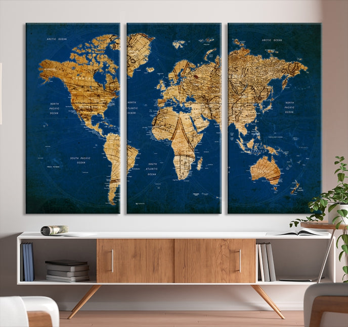 Navy Blue Antique World Map Canvas Wall Art Giclee Print