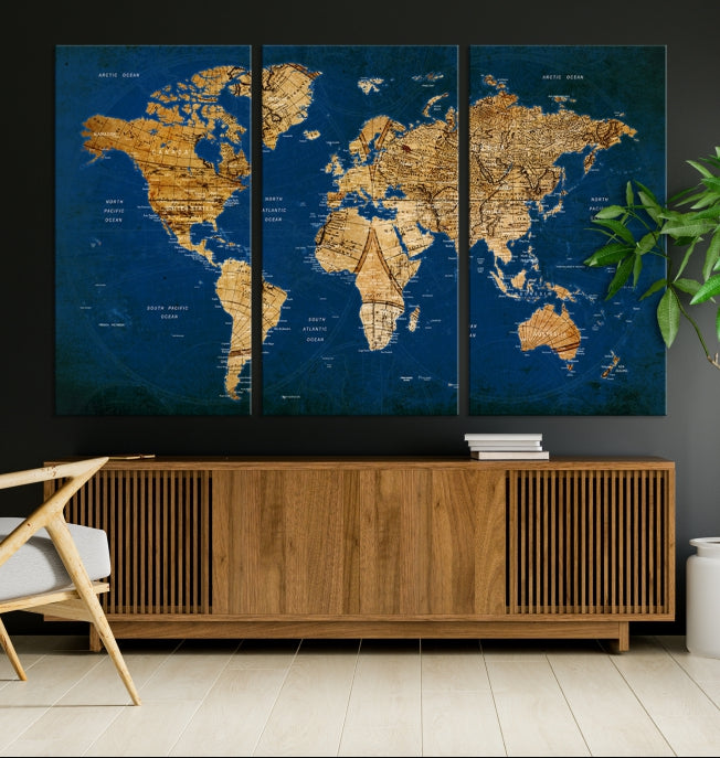 Navy Blue Antique World Map Canvas Wall Art Giclee Print