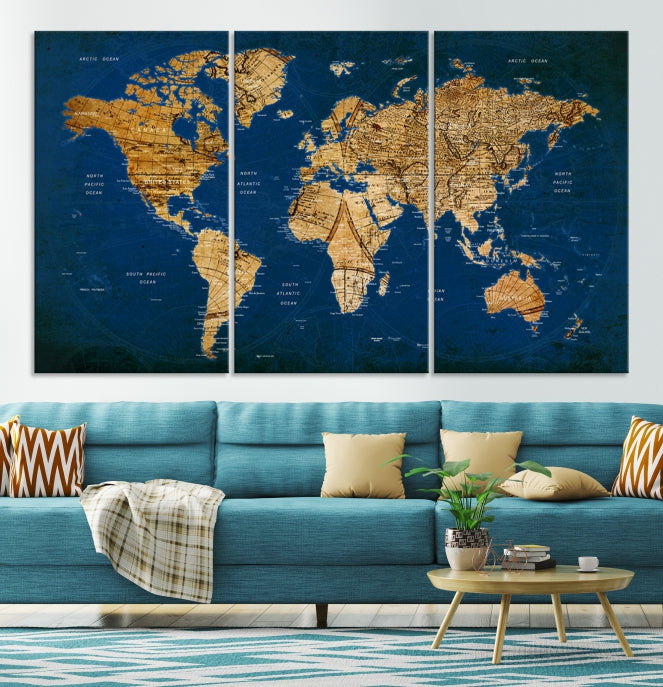 Navy Blue Antique World Map Canvas Wall Art Giclee Print