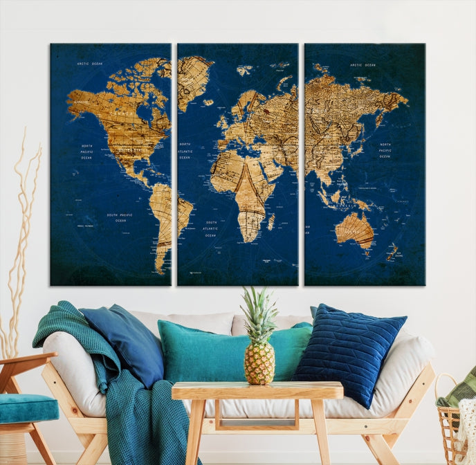 Navy Blue Antique World Map Canvas Wall Art Giclee Print