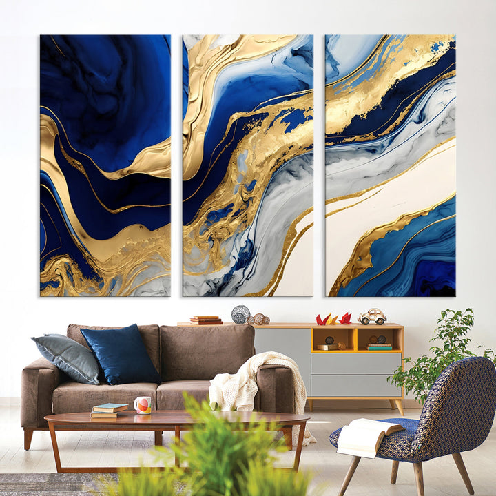 Navy Blue Gold Abstract Marble Wall Art Canvas Print