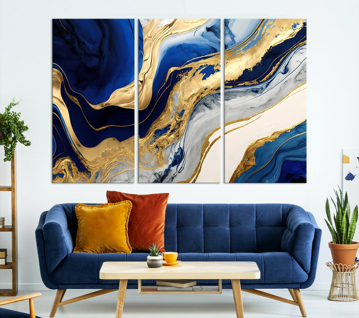 Navy Blue Gold Abstract Marble Wall Art Canvas Print