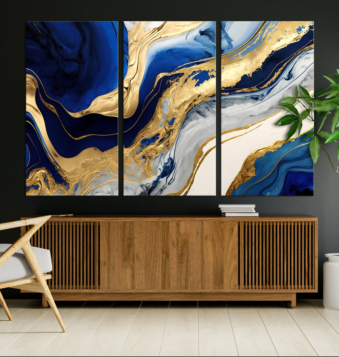 Navy Blue Gold Abstract Marble Wall Art Canvas Print