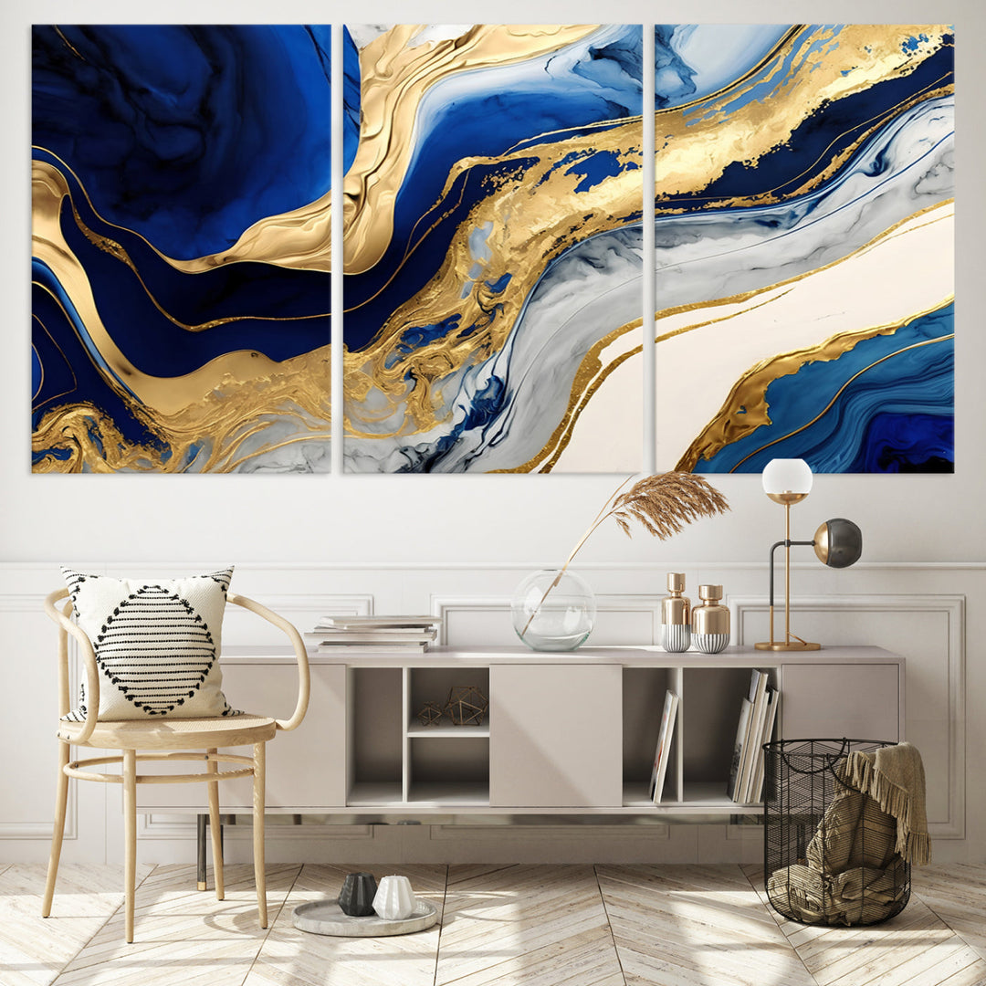 Navy Blue Gold Abstract Marble Wall Art Canvas Print