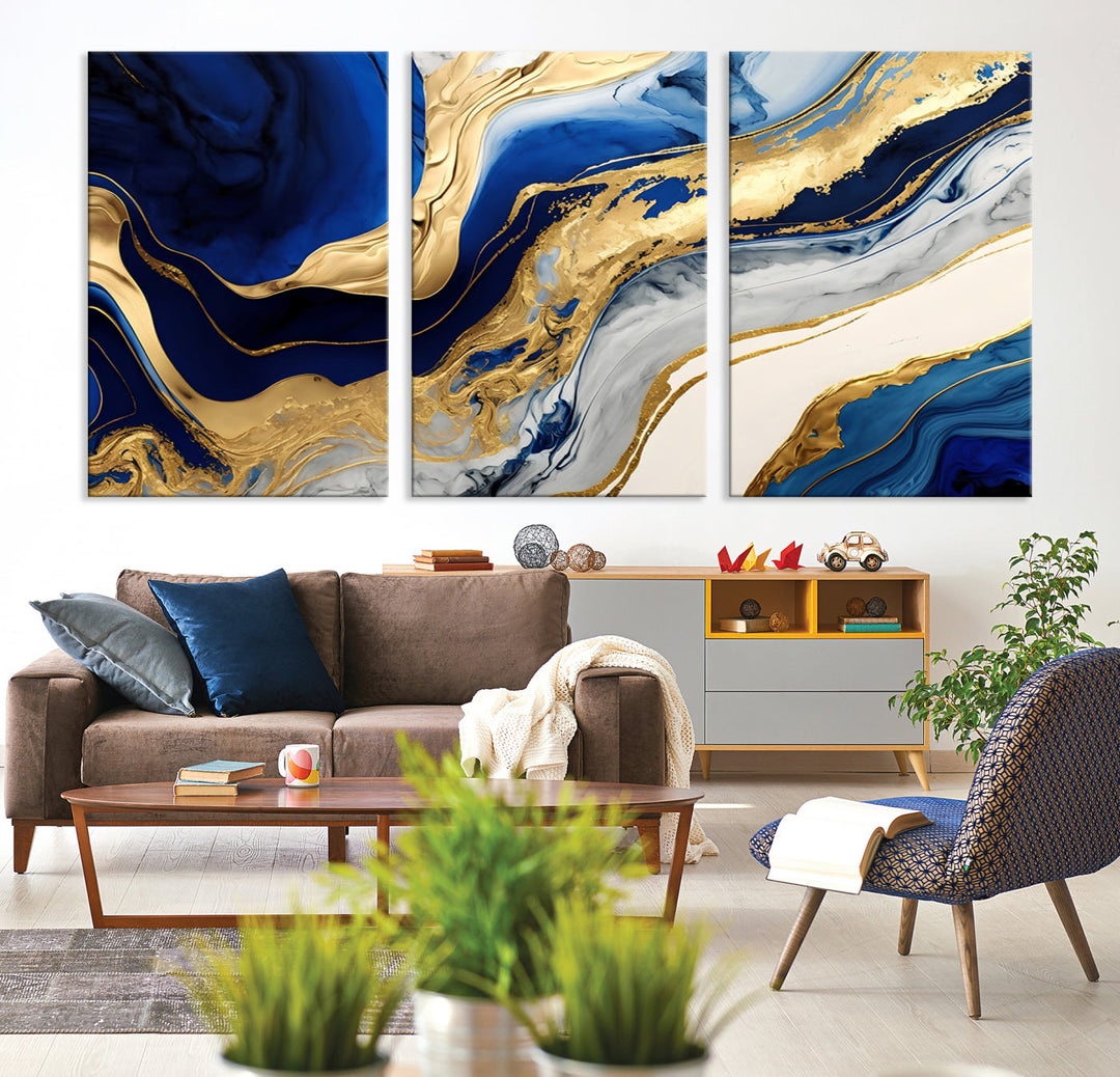 Navy Blue Gold Abstract Marble Wall Art Canvas Print