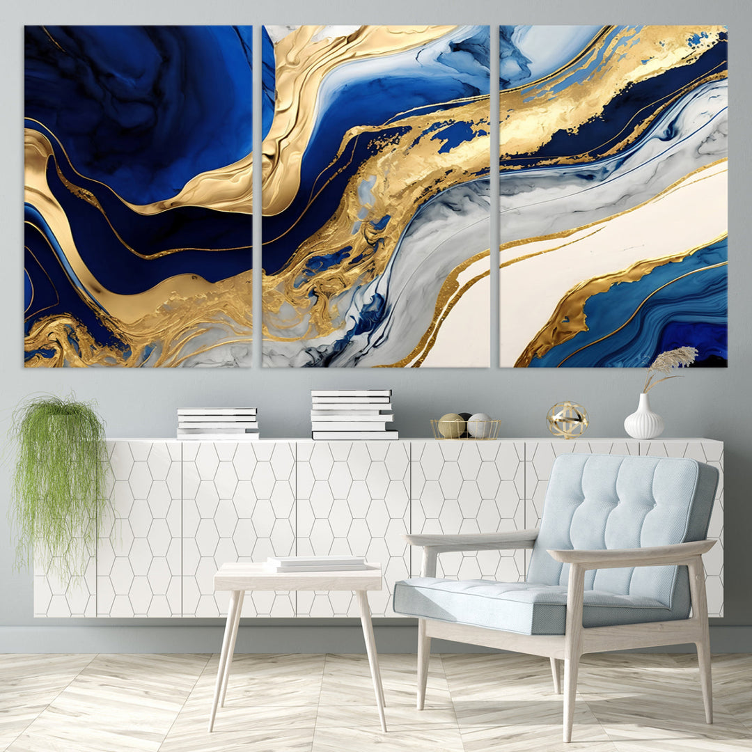 Navy Blue Gold Abstract Marble Wall Art Canvas Print