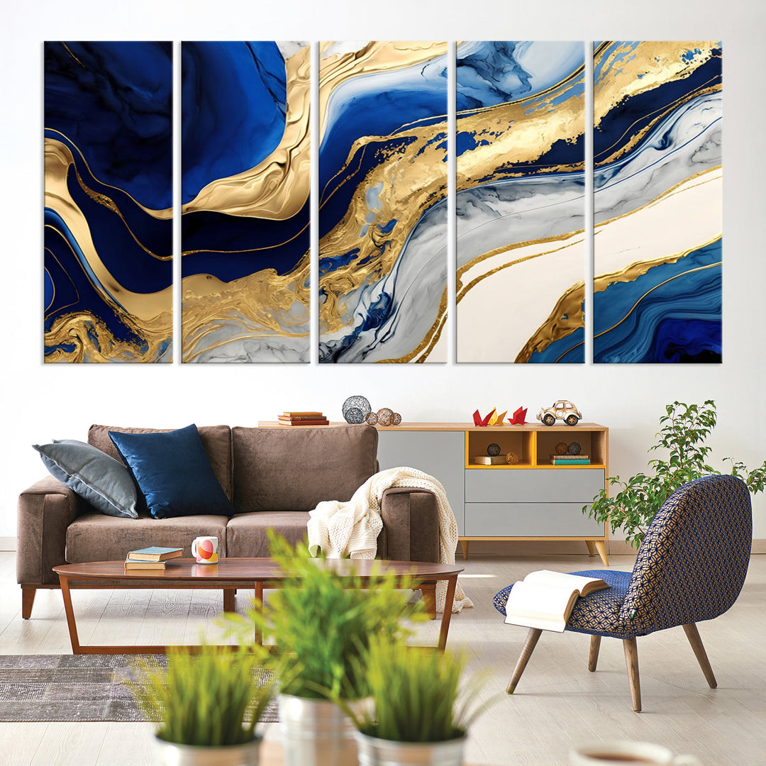 Navy Blue Gold Abstract Marble Wall Art Canvas Print