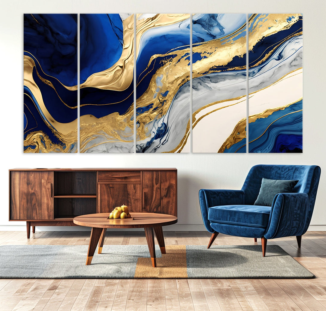 Navy Blue Gold Abstract Marble Wall Art Canvas Print