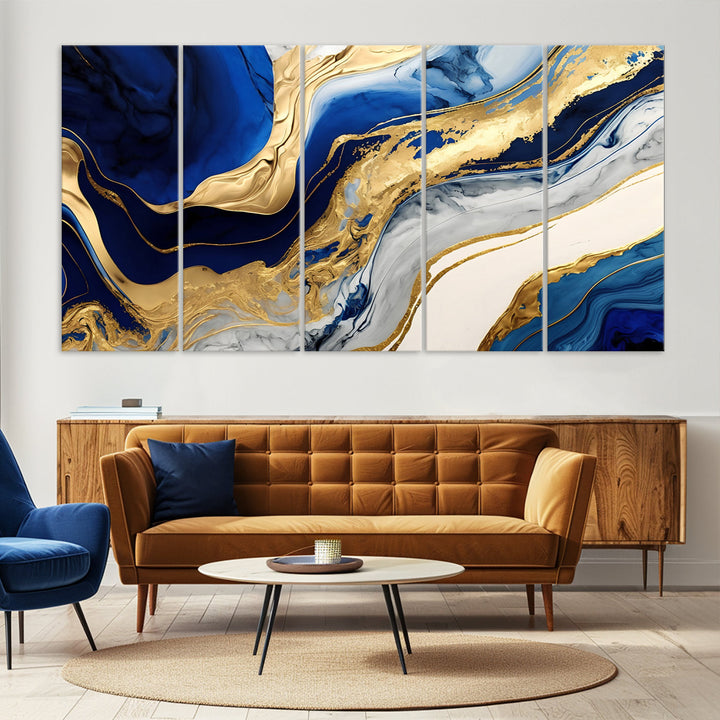 Navy Blue Gold Abstract Marble Wall Art Canvas Print