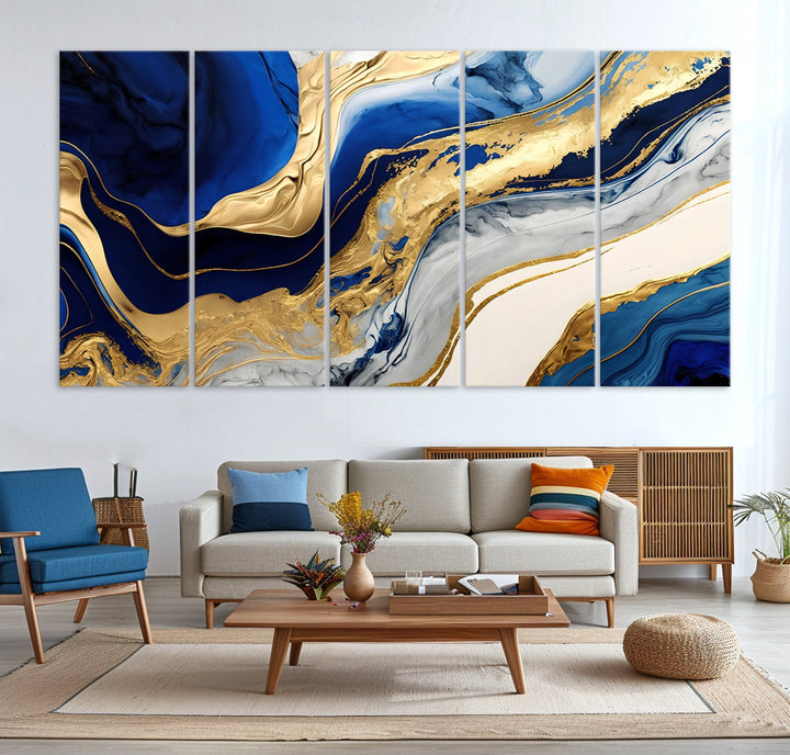 Navy Blue Gold Abstract Marble Wall Art Canvas Print