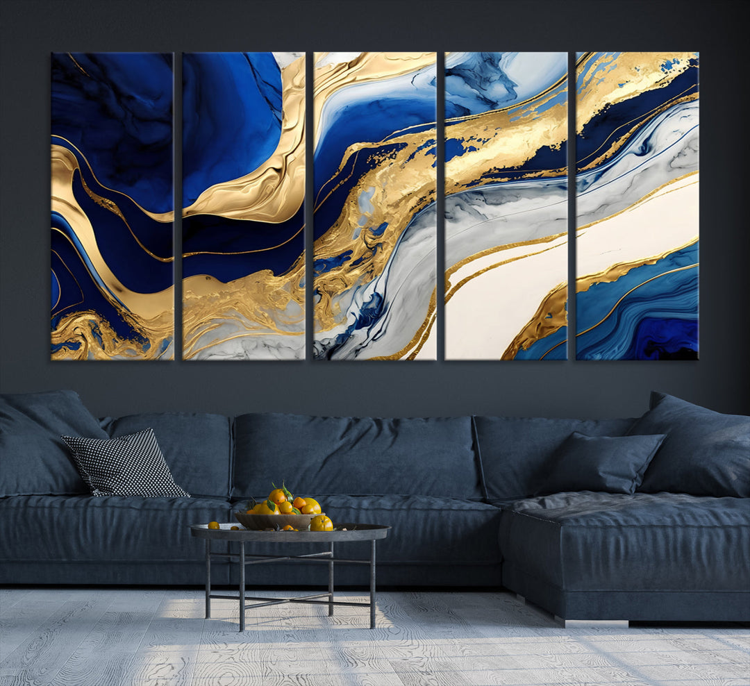 Navy Blue Gold Abstract Marble Wall Art Canvas Print