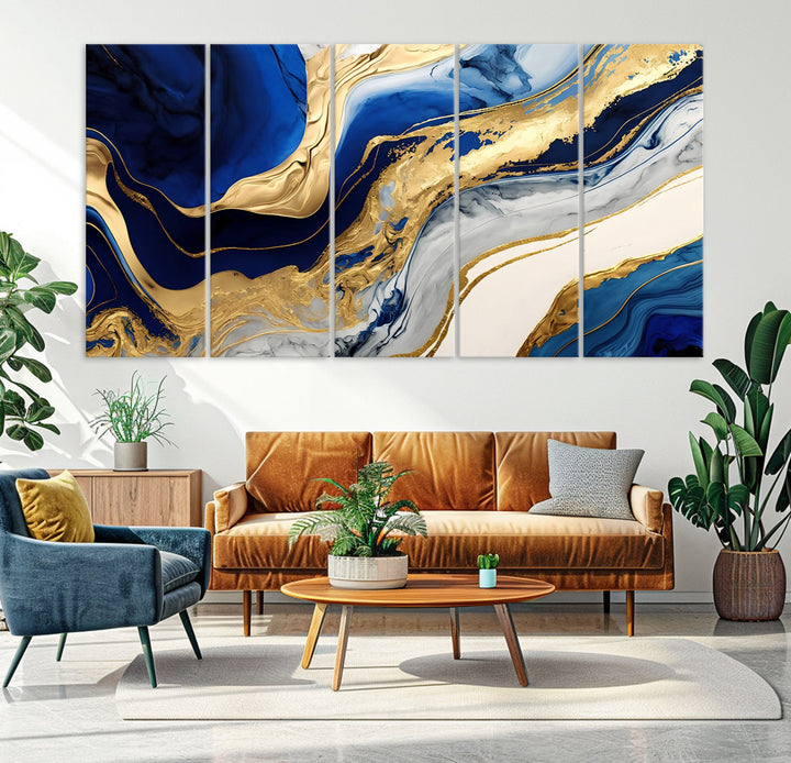 Navy Blue Gold Abstract Marble Wall Art Canvas Print