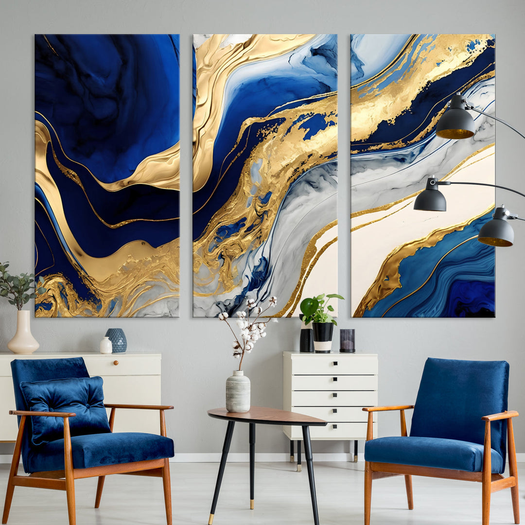 Navy Blue Gold Abstract Marble Wall Art Canvas Print