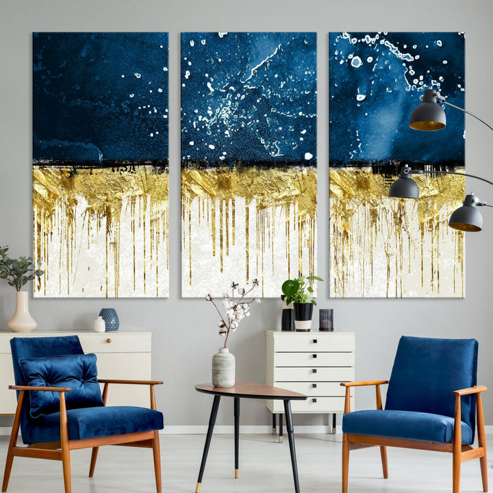 Navy Blue Gold and White Marble Abstract Painting Canvas Wall Art Print