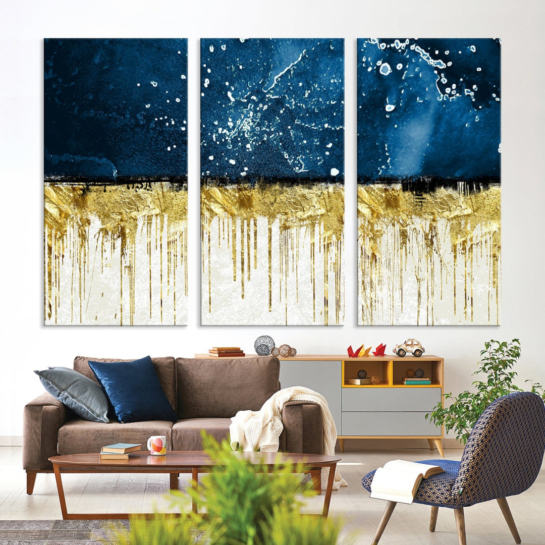 Navy Blue Gold and White Marble Abstract Painting Canvas Wall Art Print