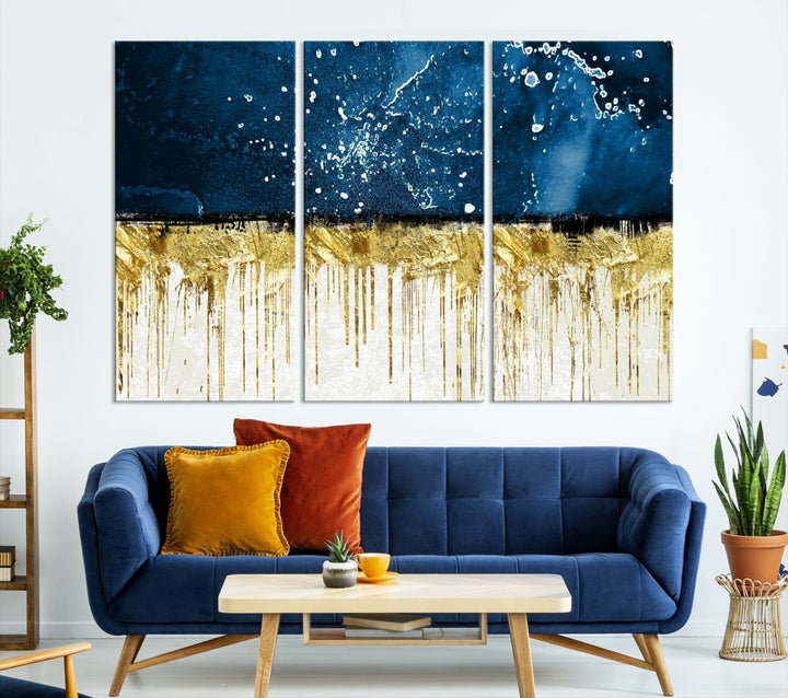 Navy Blue Gold and White Marble Abstract Painting Canvas Wall Art Print