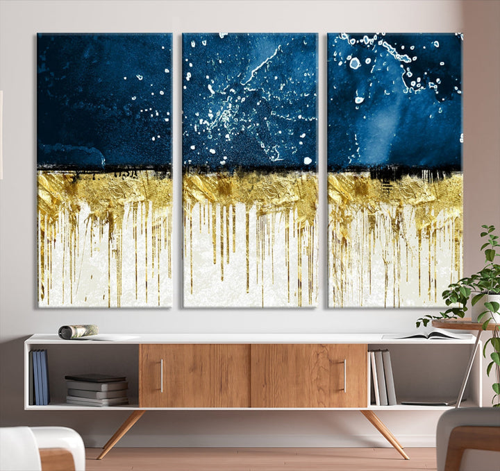 Navy Blue Gold and White Marble Abstract Painting Canvas Wall Art Print