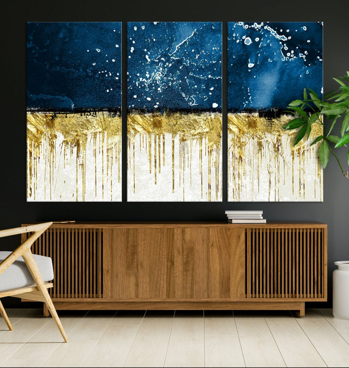 Navy Blue Gold and White Marble Abstract Painting Canvas Wall Art Print