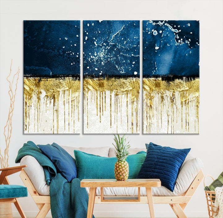 Navy Blue Gold and White Marble Abstract Painting Canvas Wall Art Print