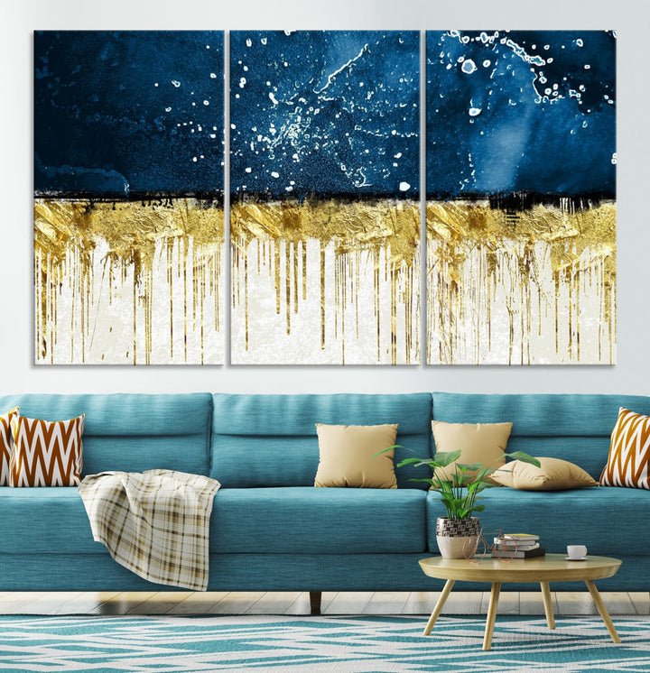 Navy Blue Gold and White Marble Abstract Painting Canvas Wall Art Print