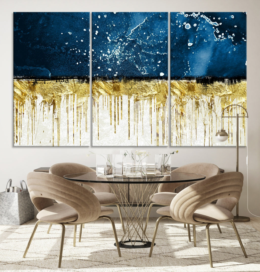 Navy Blue Gold and White Marble Abstract Painting Canvas Wall Art Print