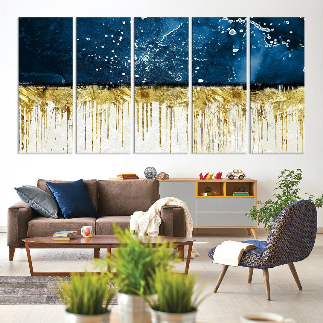 Navy Blue Gold and White Marble Abstract Painting Canvas Wall Art Print